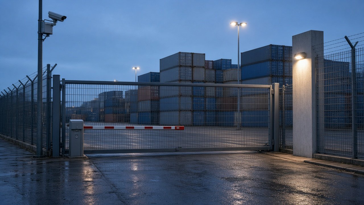 A secure logistics yard at dawn with a closed gate, a boom barrier, a security camera and a fence, with stacked containers behind