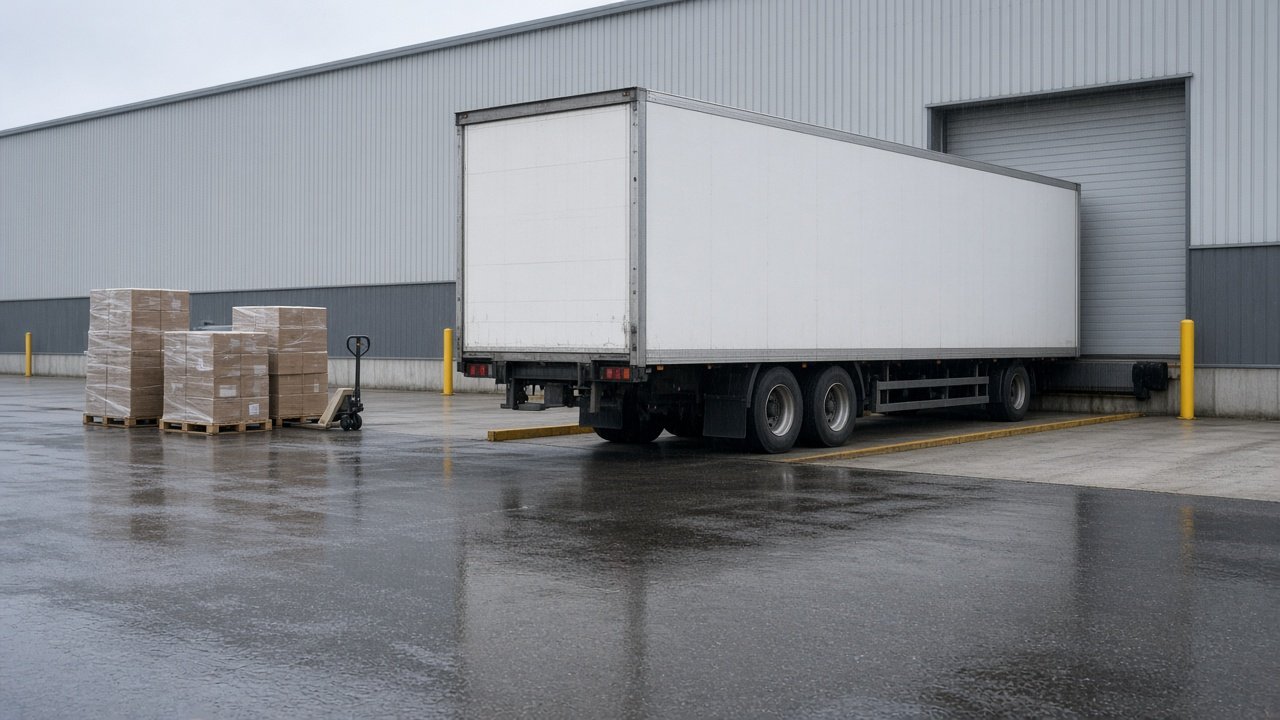 A plain white trailer backed up to a distribution center receiving dock on a rainy morning, with shrink-wrapped pallets and a hand pallet jack