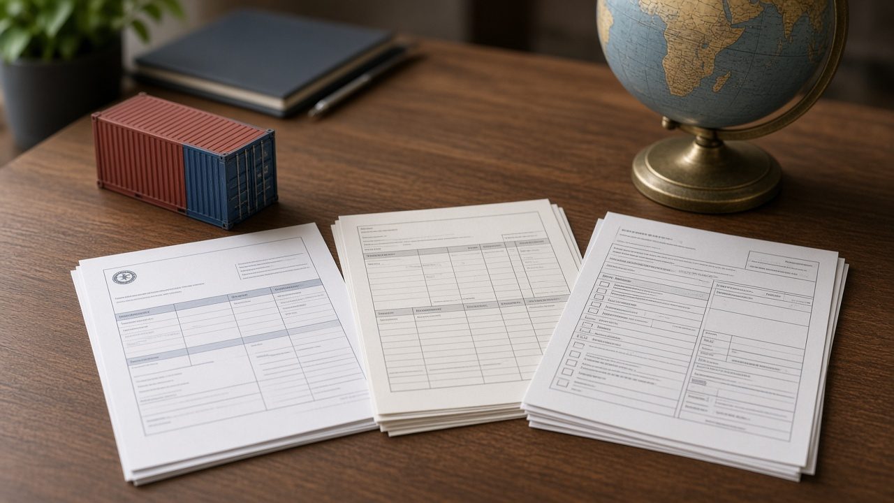 Stacks of export forms on a desk with a model container and globe, illustrating VAT zero-rate paperwork