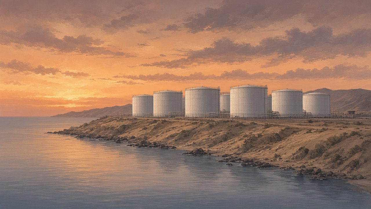 White cylindrical crude oil storage tanks on a dry coastal hillside above a calm sea at dusk, no ships, people or logos